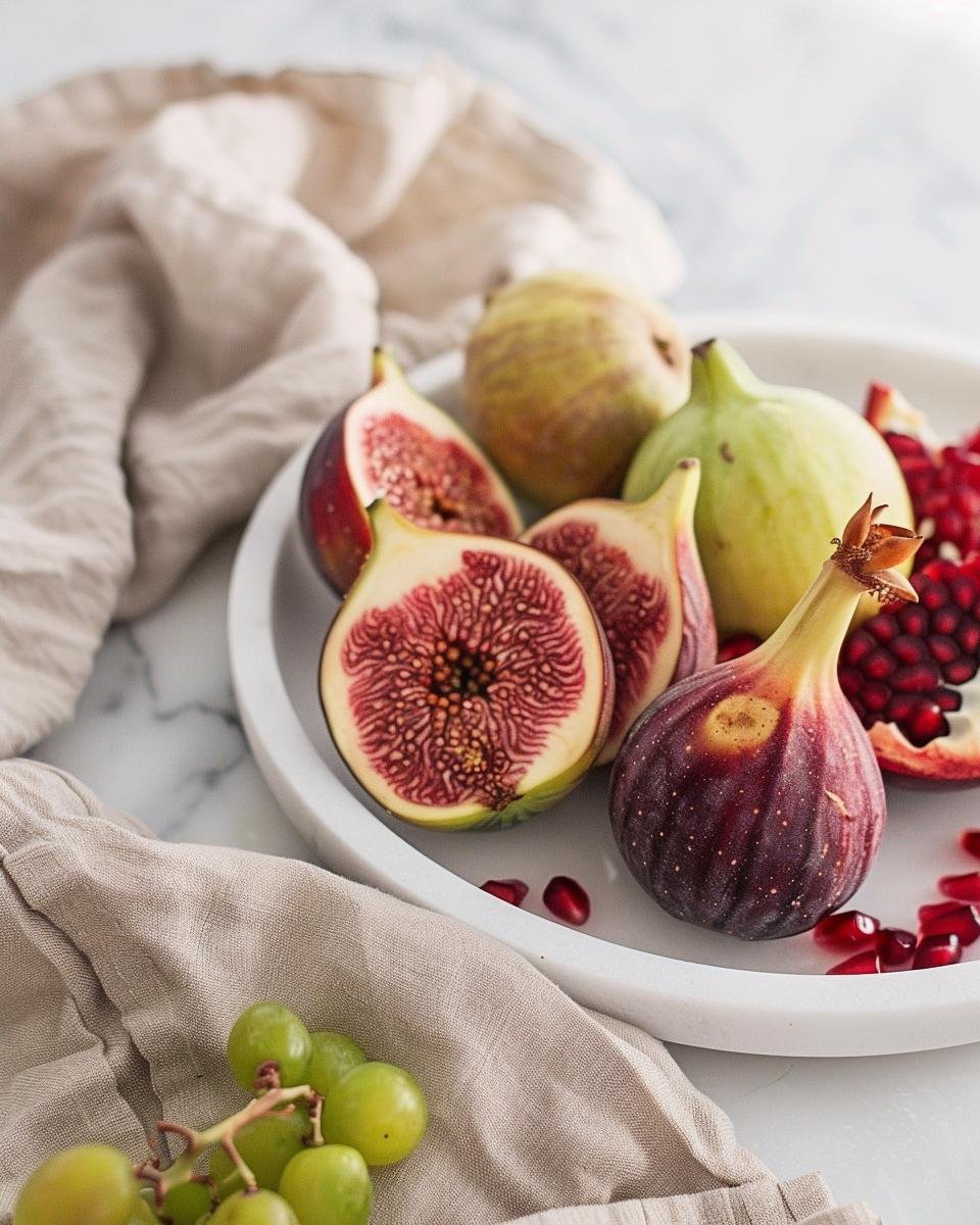 Frische Feigen und Granatapfel auf einem hellen Teller